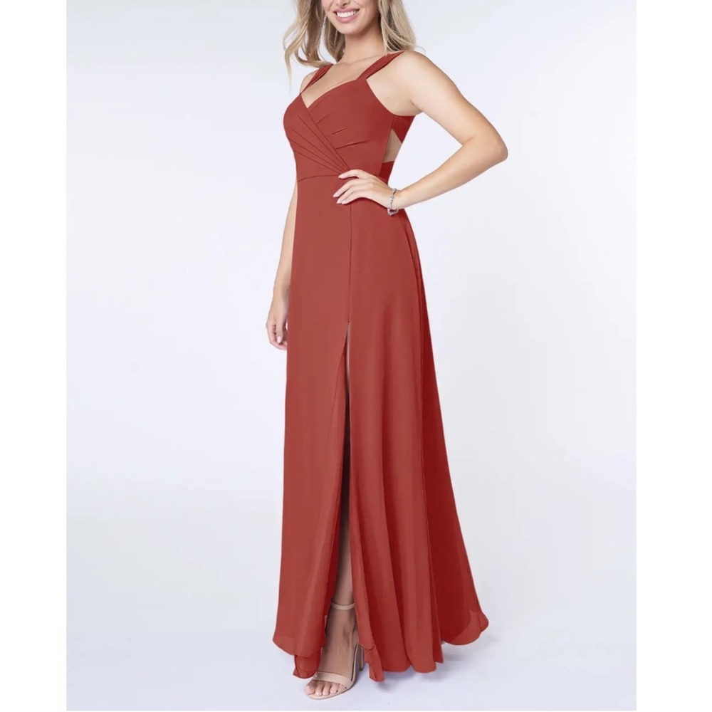 Azazie Nahrin Rust A-Line‎ V-Neck Pleated Chiffon Dress Bridesmaid Sz 6 NWT - Picture 2 of 16